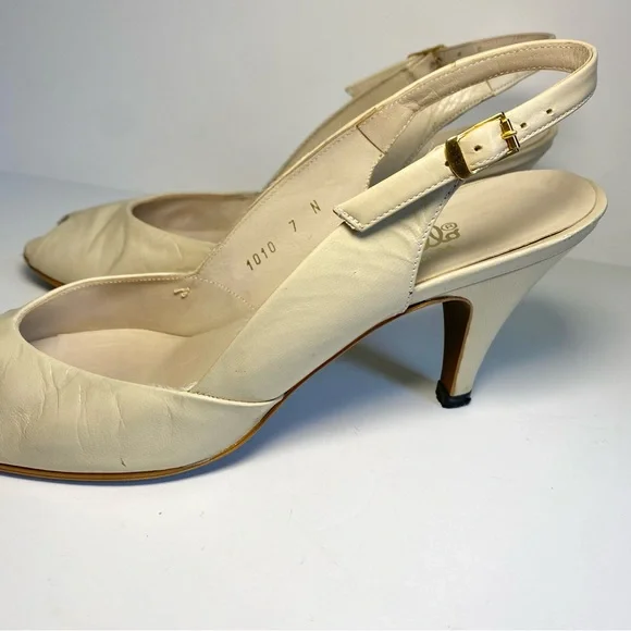 Vintage‎ Pappagallo Nude/Cream Leather Sling-back High Heel Pumps Peep-toe 7 N - Picture 4 of 8